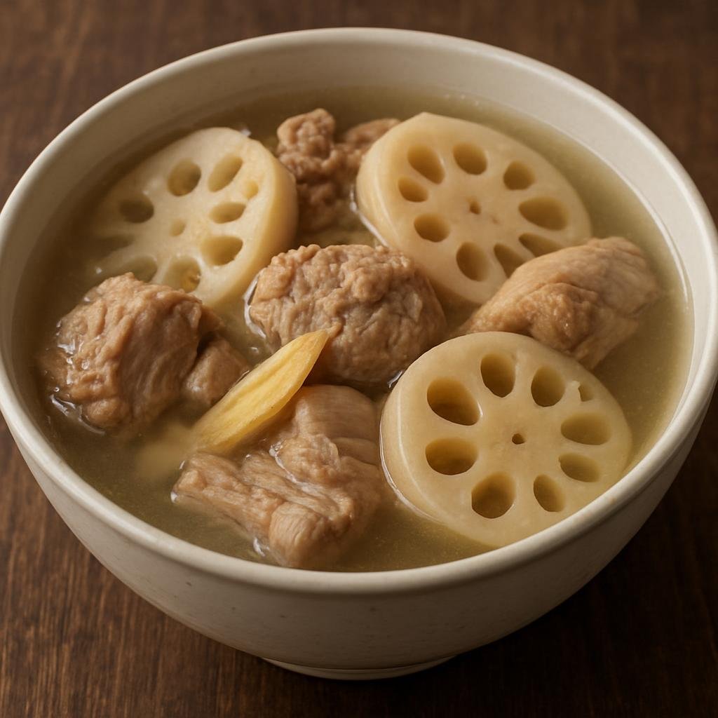 Entree: China – Hubei – 莲藕排骨汤 ➤ Lián'ǒu páigǔ tāng (Clear, savory pork rib and lotus root soup simmered with ginger for a light, nourishing broth) recipe