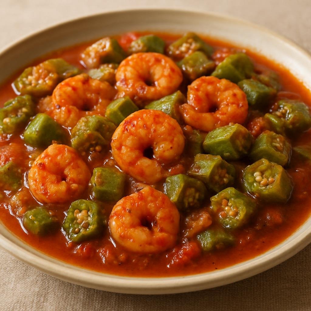Entree: United States – Creole Louisiana – Smothered Okra and Shrimp (Shrimp and sliced okra stewed together in a seasoned Creole tomato gravy) recipe