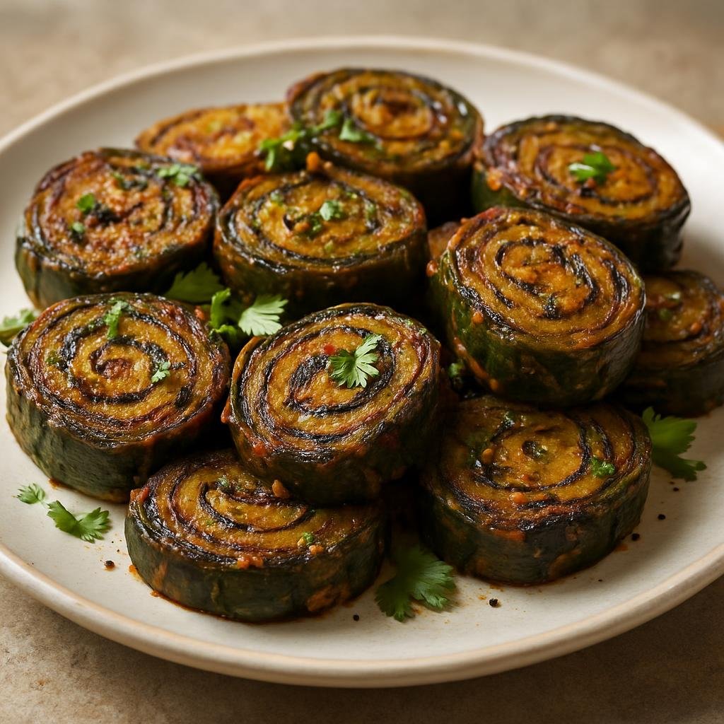 Entree: India – Gujarat – પાત્રા ➤ Pātrā (Steamed spiced colocasia leaf rolls made from chickpea batter, sliced and pan-fried) recipe