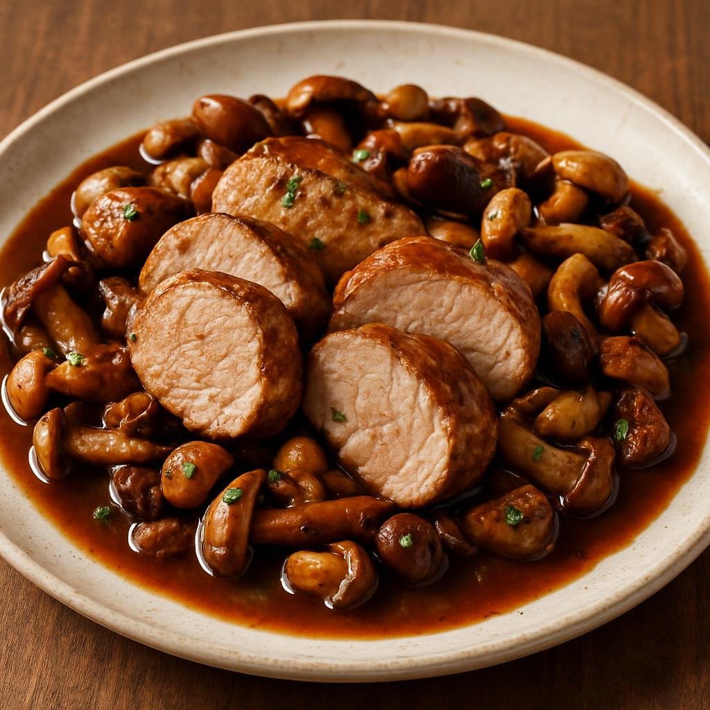 Entree: Spain – La Rioja – Solomillo de Cerdo con Setas (Pork tenderloin with mixed mushrooms in a savory Rioja-style wine sauce) recipe