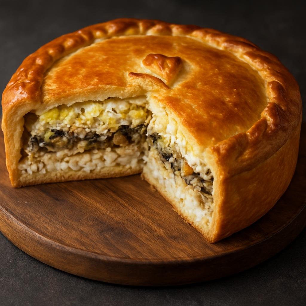 Entree: Russia – St. Petersburg & Northwest – Кулебяка ➤ Kulebyaka (Layered savory pie of fish, rice, eggs, and mushrooms enclosed in pastry) recipe