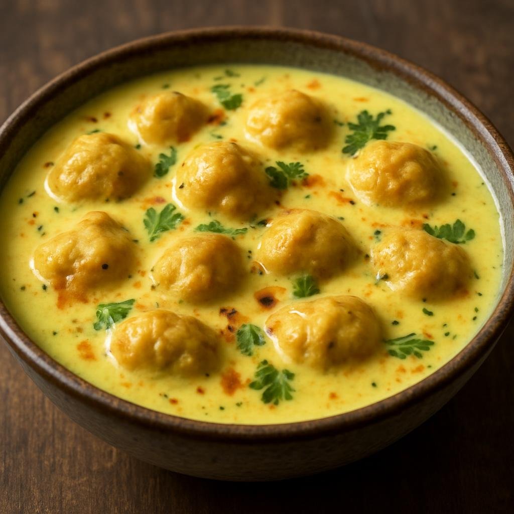 Entree: India – Haryana & Western Uttar Pradesh – कढ़ी पकोड़ा ➤ Kaṛhī Pakorā (Tangy yogurt and chickpea-flour stew studded with fried gram-flour dumplings) recipe