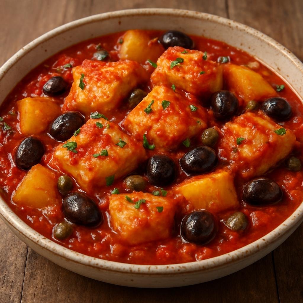 Entree: Italy – Molise – Baccalà alla Molisana (Salted cod stewed in a tomato sauce with potatoes, olives, and capers from Molise) recipe