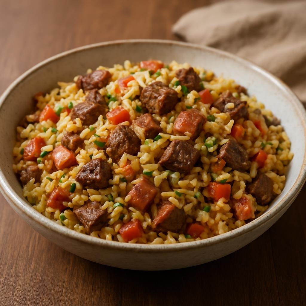 Entree: Brazil – Parana – Arroz Carreteiro (Hearty one-pot rice cooked with beef and smoked pork and vegetables) recipe