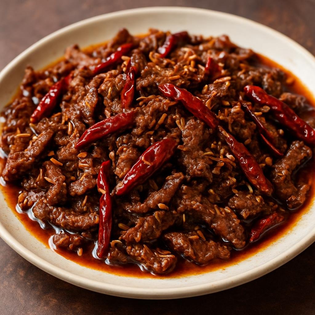 Entree: China – Hunan – 湖南孜然牛肉 ➤ Húnán zīrán niúròu (Stir-fried spicy Hunan-style beef seasoned with fragrant cumin and chilies) recipe