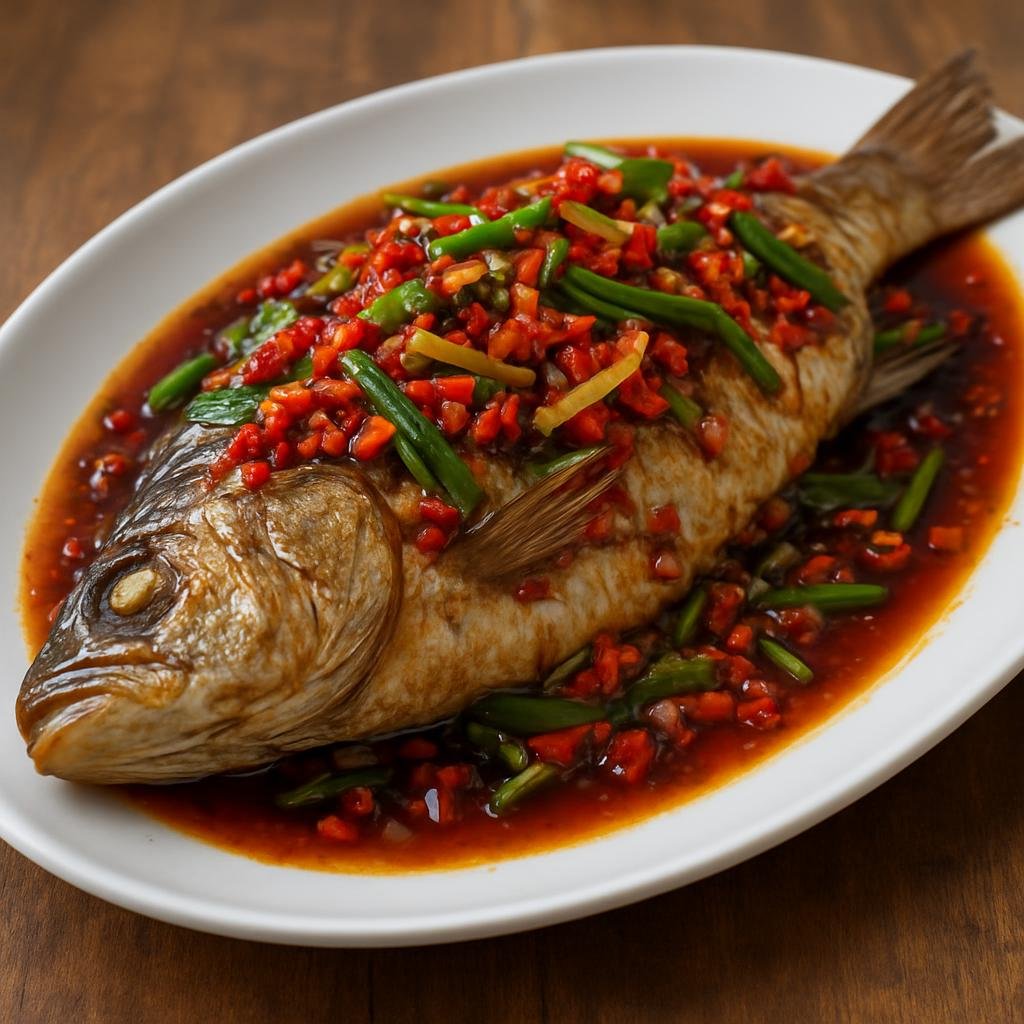 Entree: China – Hunan – 湖南蒸鱼 ➤ Húnán zhēng yú (Hunan-style steamed whole fish flavored with fresh chilies, ginger, scallions and savory soy-chili sauce) recipe
