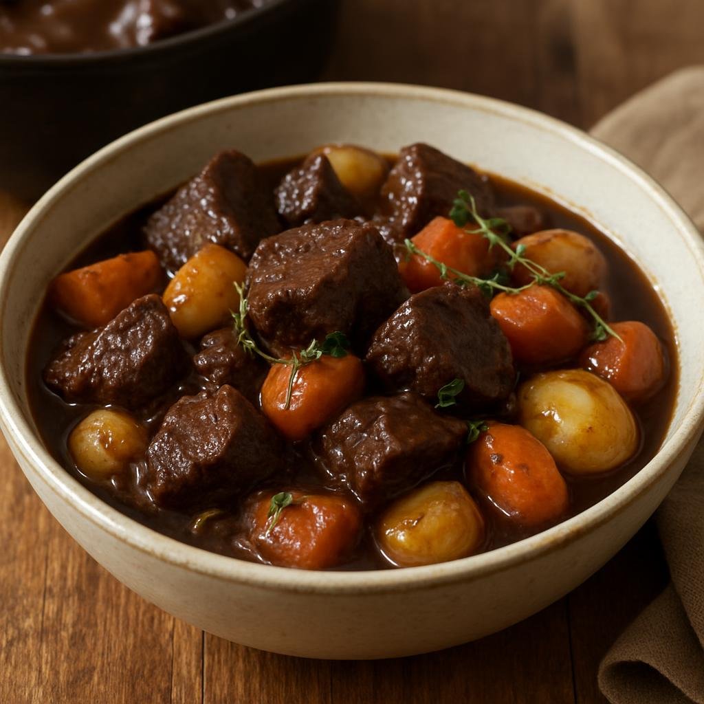 Entree: France – Gascony – Daube de Boeuf (Slow-braised Gascon beef stew cooked in red wine and Armagnac with root vegetables and aromatics) recipe