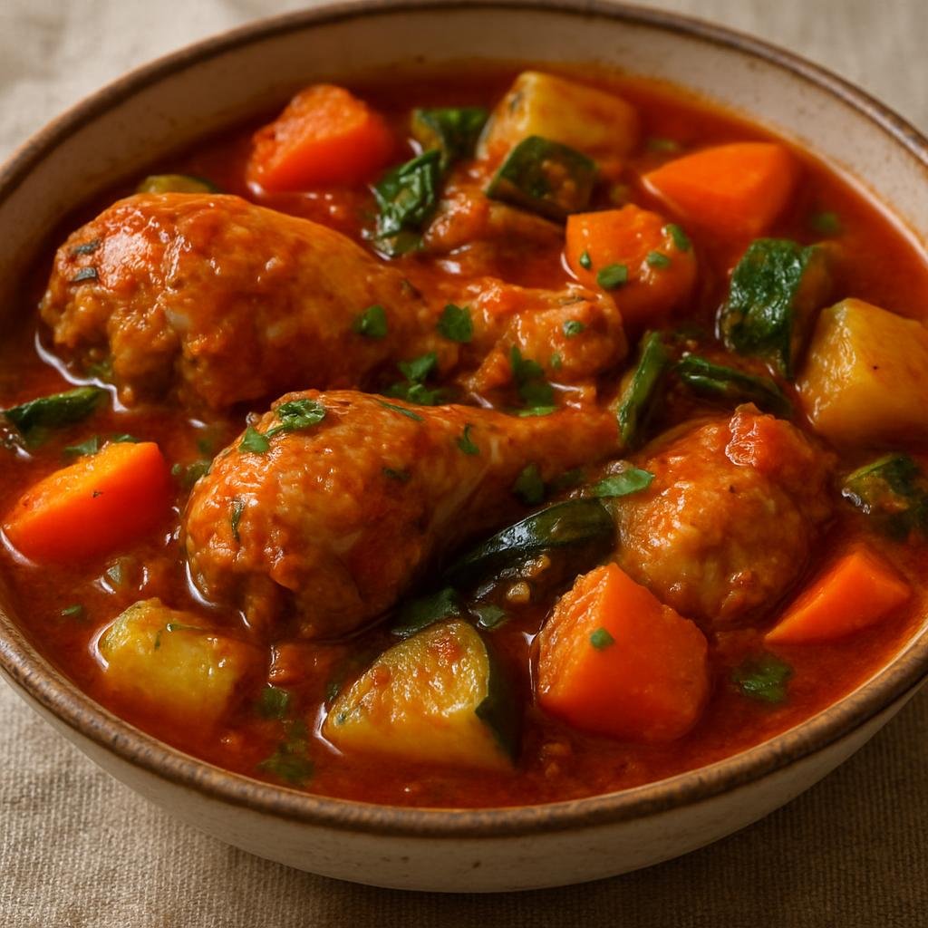 Entree: Mexico – Oaxaca – Estofado de Pollo (Hearty Mexican tomato-and-chile chicken stew with vegetables) recipe