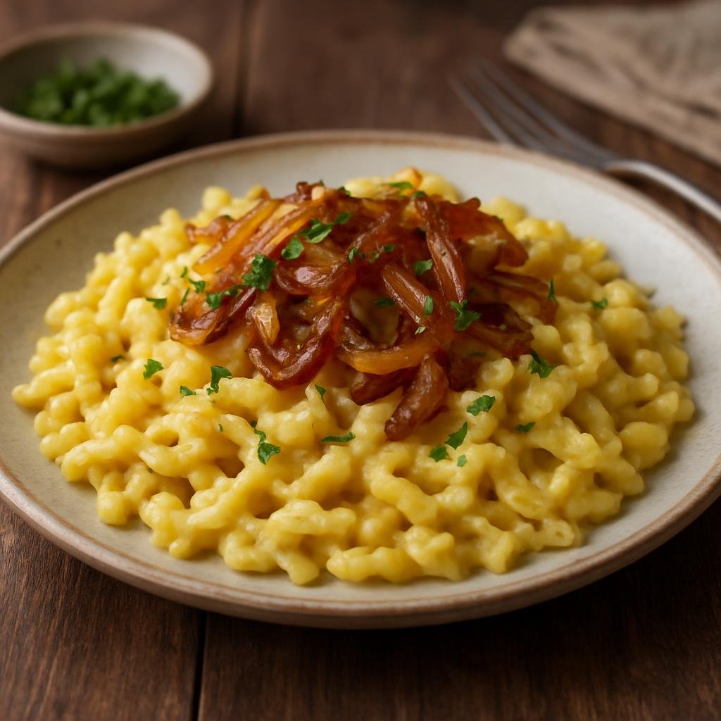 Entree: Germany – Swabia – Käsespätzle (Soft egg noodles tossed with melted Alpine cheese and topped with caramelized onions) recipe