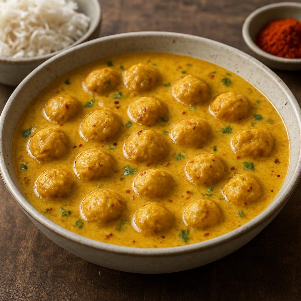 Entree: India – Haryana & Western Uttar Pradesh – बेसन गट्टे ➤ Besan Gatte (Gram flour dumplings simmered in a spiced yogurt-based curry) recipe