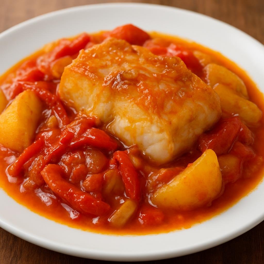 Entree: Spain – Madrid & Castile – Bacalao a la Madrileña (Madrid-style salt cod braised with tomatoes, peppers, onions and potatoes) recipe