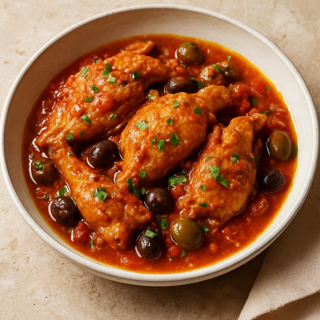 Entree: Italy – Molise – Coniglio alla Molisana (Molise-style braised rabbit in a tomato, olive, and herb sauce) recipe