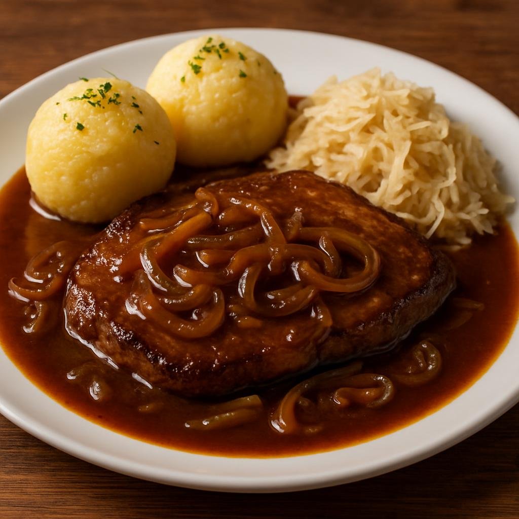 Entree: Germany – Swabia – Schwäbische Rostbraten (Swabian pan-fried roast beef served in a rich onion-brown gravy) recipe