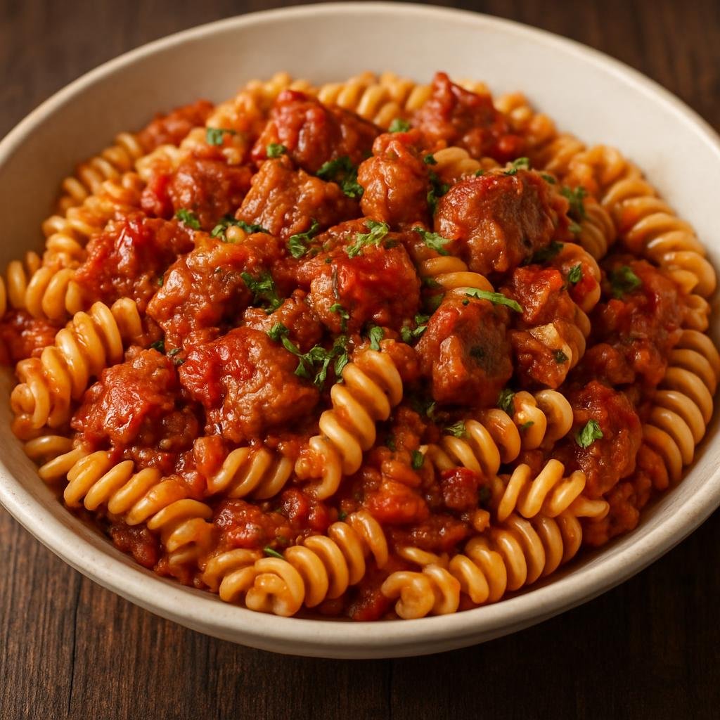 Entree: Italy – Molise – Fusilli alla Molisana (Fusilli pasta tossed with a slow-simmered Molise pork and tomato sauce) recipe