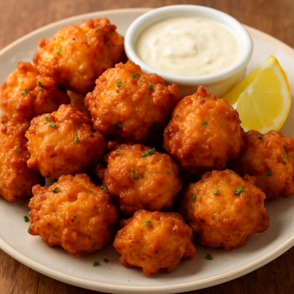 Entree: United States – Florida – Conch Fritters (Crispy deep-fried battered fritters made with chopped conch meat and seasoning, popular in Florida) recipe