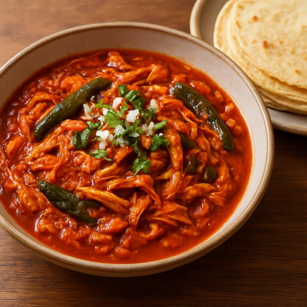 Entree: Mexico – Puebla – Tinga Poblana (Shredded chicken simmered in a smoky tomato, chipotle and poblano pepper sauce served with warm corn tortillas) recipe