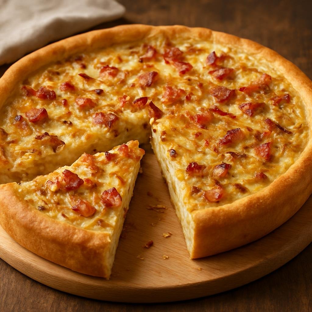 Entree: Germany – Thuringia – Zwiebelkuchen (Savory yeast-based onion tart topped with bacon and a creamy egg custard) recipe