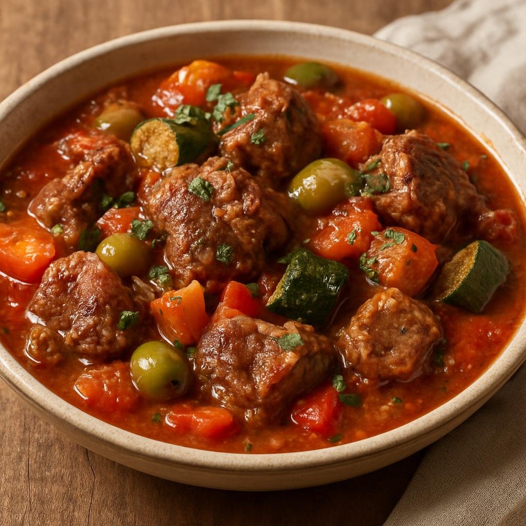 Entree: France – Languedoc-Roussillon – Ragoût d'Escoubilles (A rustic Languedoc stew of braised lamb and Mediterranean vegetables in a herbed tomato-wine broth) recipe