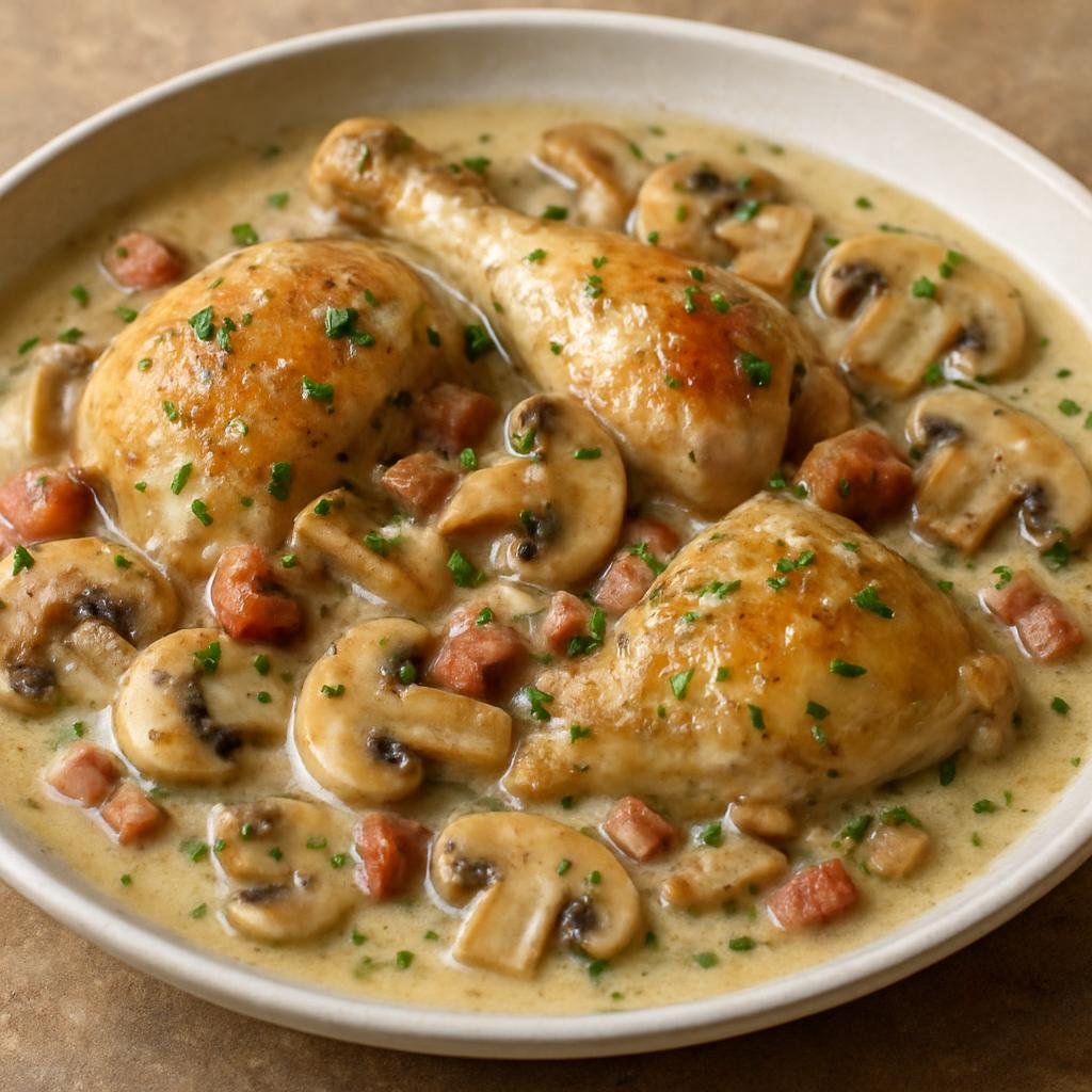 Entree: France – Languedoc-Roussillon – Fricassée de Limoux (Classic Limoux-style braised chicken in a creamy white-wine sauce with mushrooms and lardons) recipe