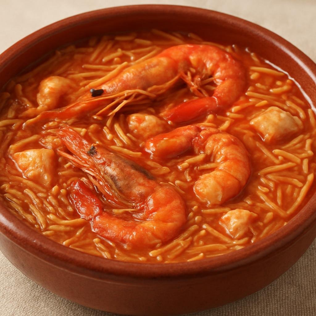 Entree: Spain – Murcia – Cazuela de Fideos (Murcian one-pot noodle casserole of toasted short noodles cooked in a savory tomato and seafood or fish broth) recipe