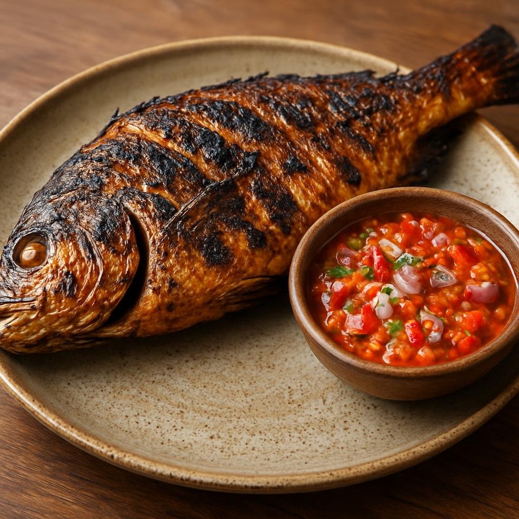 Entree: Indonesia – Maluku – Ikan Bakar Colo-Colo (Charcoal-grilled whole fish served with a bright, tangy Maluku raw shallot-and-chili sauce) recipe