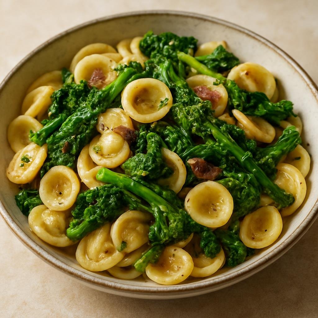 Entree: Italy – Puglia – Orecchiette con Cime di Rapa (Ear-shaped pasta tossed with bitter broccoli rabe, garlic, anchovy, and olive oil) recipe
