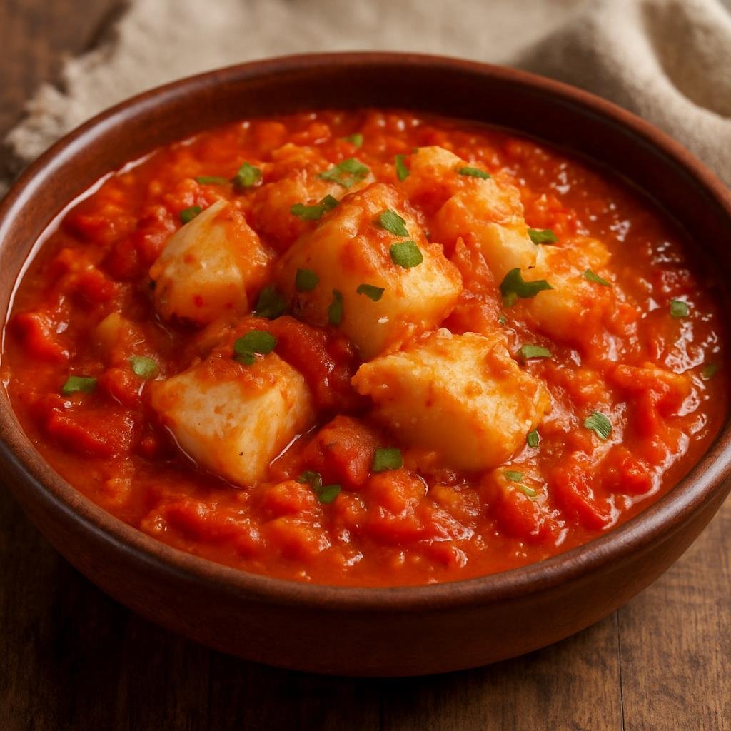 Entree: Spain – Navarre – Bacalao al Ajoarriero (Salted cod simmered with garlic, tomatoes and roasted peppers in a rustic Navarrese sauce) recipe