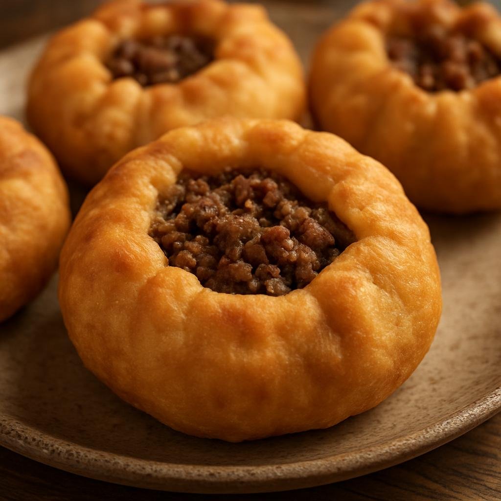 Entree: Russia – Volga Region – Перемяч ➤ Peremyach (Tatar/Volga deep‑fried open‑top meat pastry with a visible seasoned meat center) recipe
