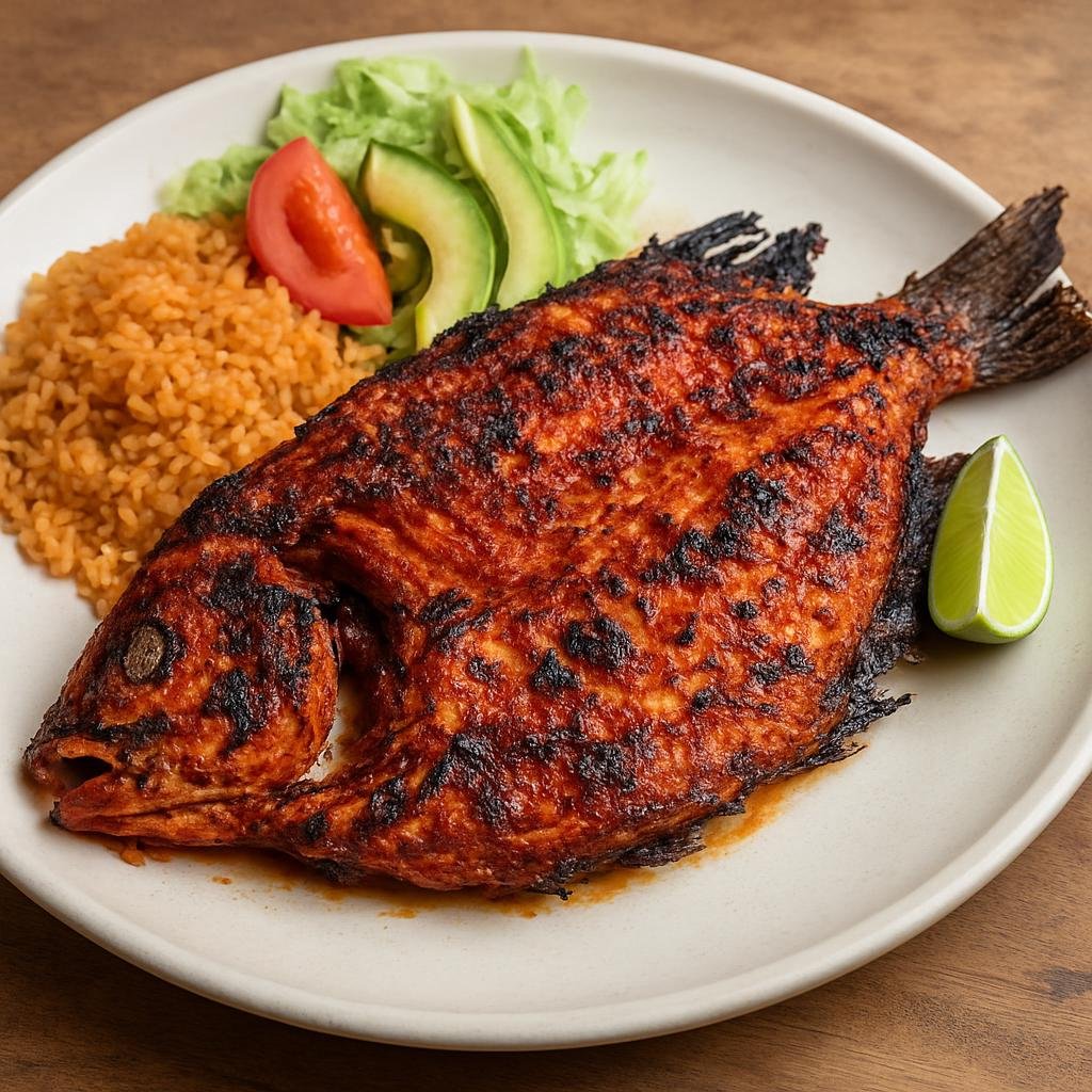 Entree: Mexico – Quintana Roo / Caribbean Coast – Pescado a la Talla (Butterflied whole fish marinated with achiote and chile adobo then grilled until charred and fragrant) recipe