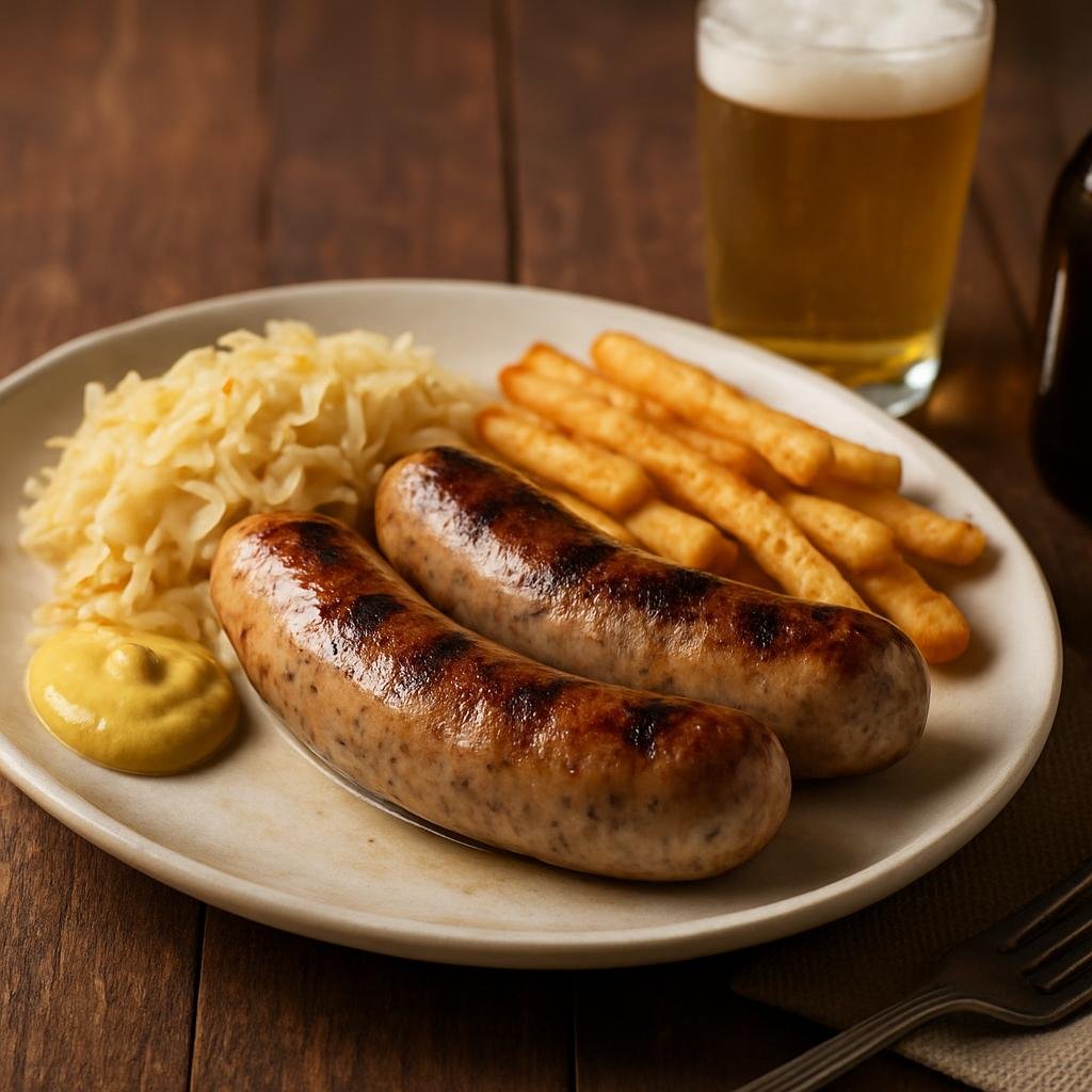 Entree: United States – Great Lakes – Milwaukee Bratwurst (Coarse-ground seasoned pork and veal sausage from Milwaukee, traditionally beer-steamed and pan-seared or grilled) recipe
