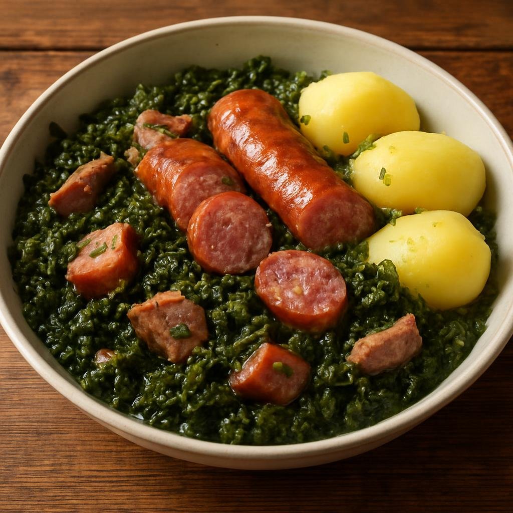 Entree: Germany – Westphalia – Westfälischer Grünkohl mit Mettwurst (Hearty stewed curly kale cooked with smoked pork and Mettwurst, traditionally served with boiled potatoes) recipe