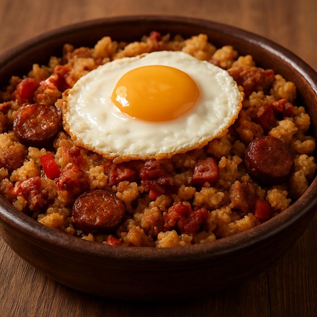 Entree: Spain – Navarre – Migas de Pastor (Pan-fried crumbs of day-old bread cooked with chorizo, bacon, garlic and peppers, often finished with fried eggs) recipe
