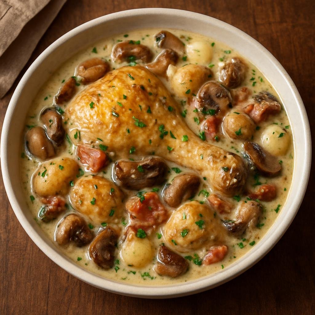 Entree: France – Loire Valley – Fricassée de Poulet à l'Angevine (An Anjou-style chicken fricassee braised in white wine with mushrooms, bacon, pearl onions, and cream) recipe