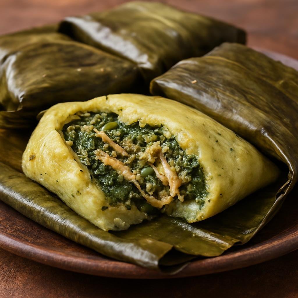 Entree: Mexico – Quintana Roo / Caribbean Coast – Tamales de Chaya (Steamed corn masa dumplings filled with chaya greens and seasoned chicken, wrapped in banana leaves) recipe