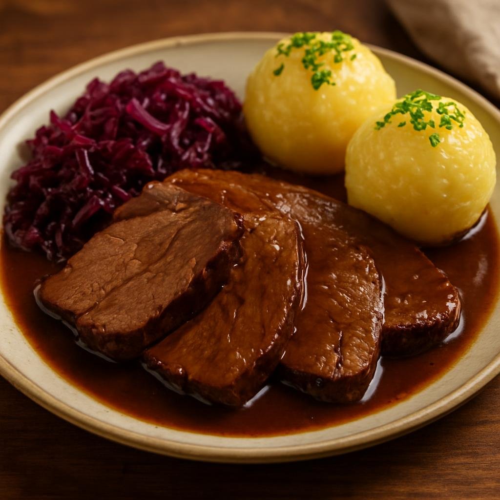 Entree: Germany – Westphalia – Rheinischer Sauerbraten (Westphalian marinated pot roast of beef braised in a sweet-sour spiced marinade) recipe