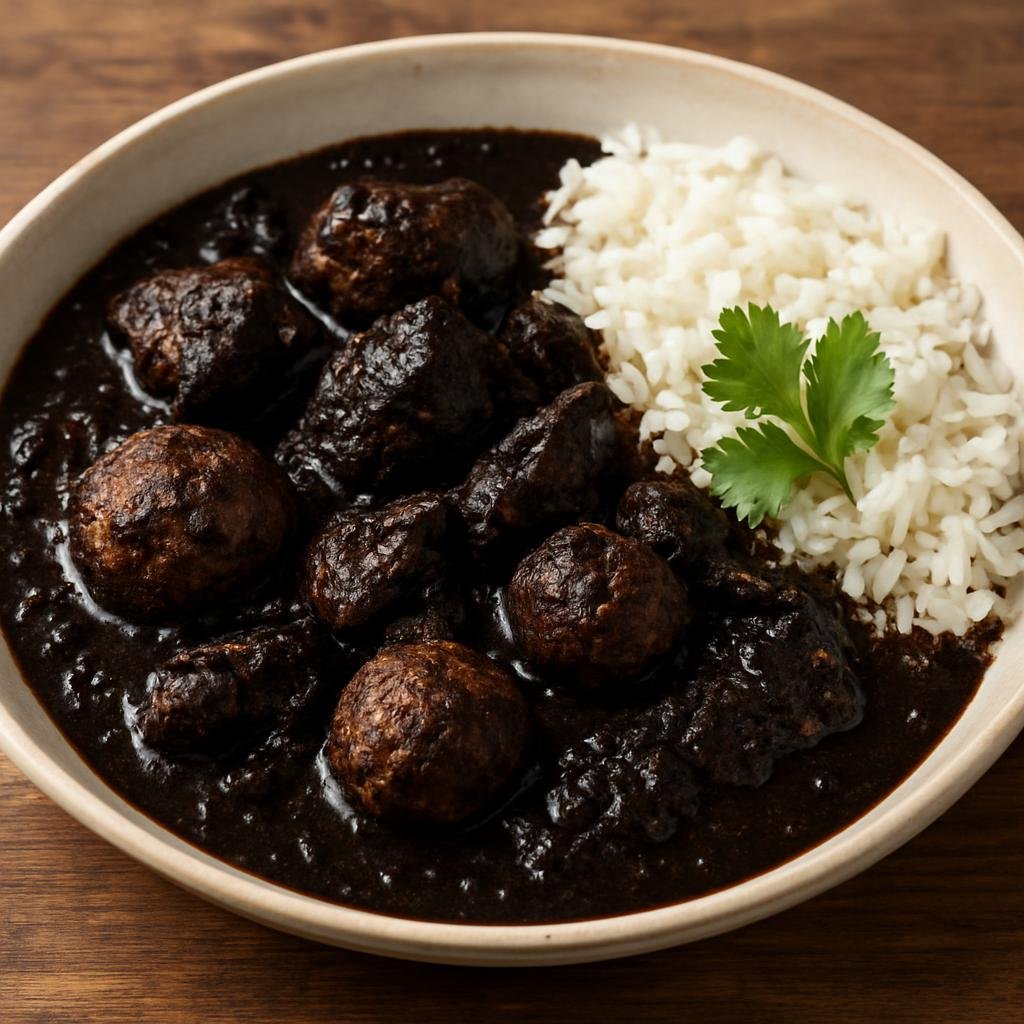 Entree: Mexico – Quintana Roo / Caribbean Coast – Relleno Negro (Yucatecan turkey stew in a deeply smoky black chile sauce served with pork meatballs) recipe