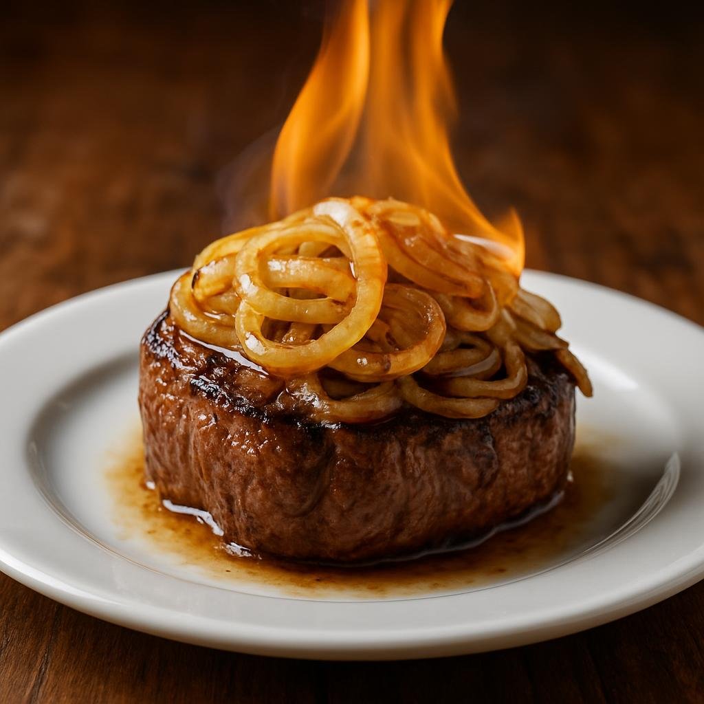 Entree: Brazil – Rio de Janeiro – Filé à Oswaldo Aranha (Pan-seared filet mignon topped with sautéed onions flambéed in cachaça, a classic Rio de Janeiro steak preparation) recipe