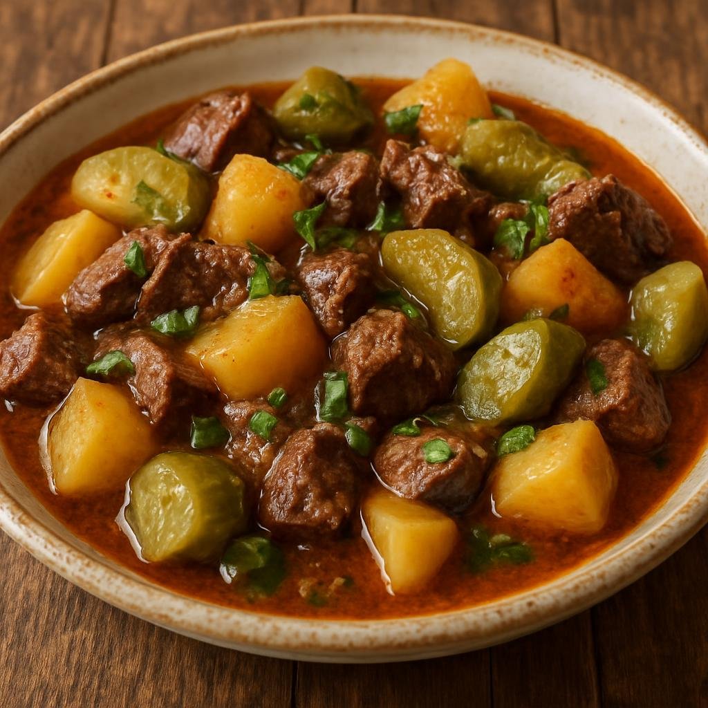 Entree: Russia – Volga Region – Азу по-татарски ➤ Azu po-tatarski (Tatar-style beef and potato stew with tangy pickled cucumbers) recipe