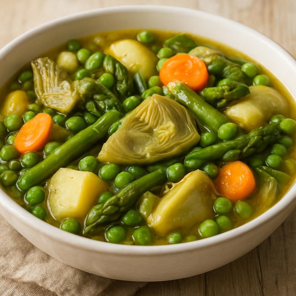 Entree: Spain – Navarre – Menestra de Verduras (Navarrese mixed vegetable stew of seasonal spring vegetables cooked in olive oil and stock) recipe