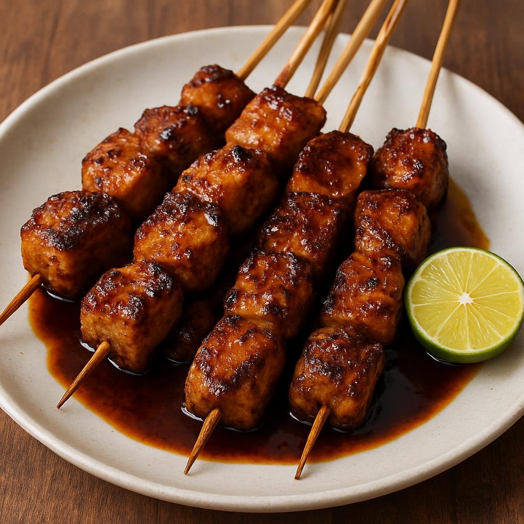 Entree: Indonesia – Maluku – Sate Tuna (Grilled skewered tuna marinated in Maluku spices and finished with sweet soy and lime) recipe