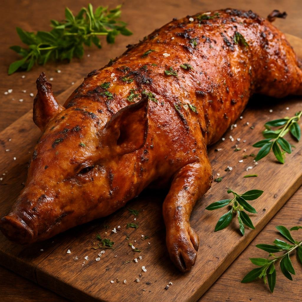 Entree: Italy – Sardinia – Porceddu (Whole Sardinian spit‑roasted suckling pig seasoned with myrtle and coarse salt) recipe