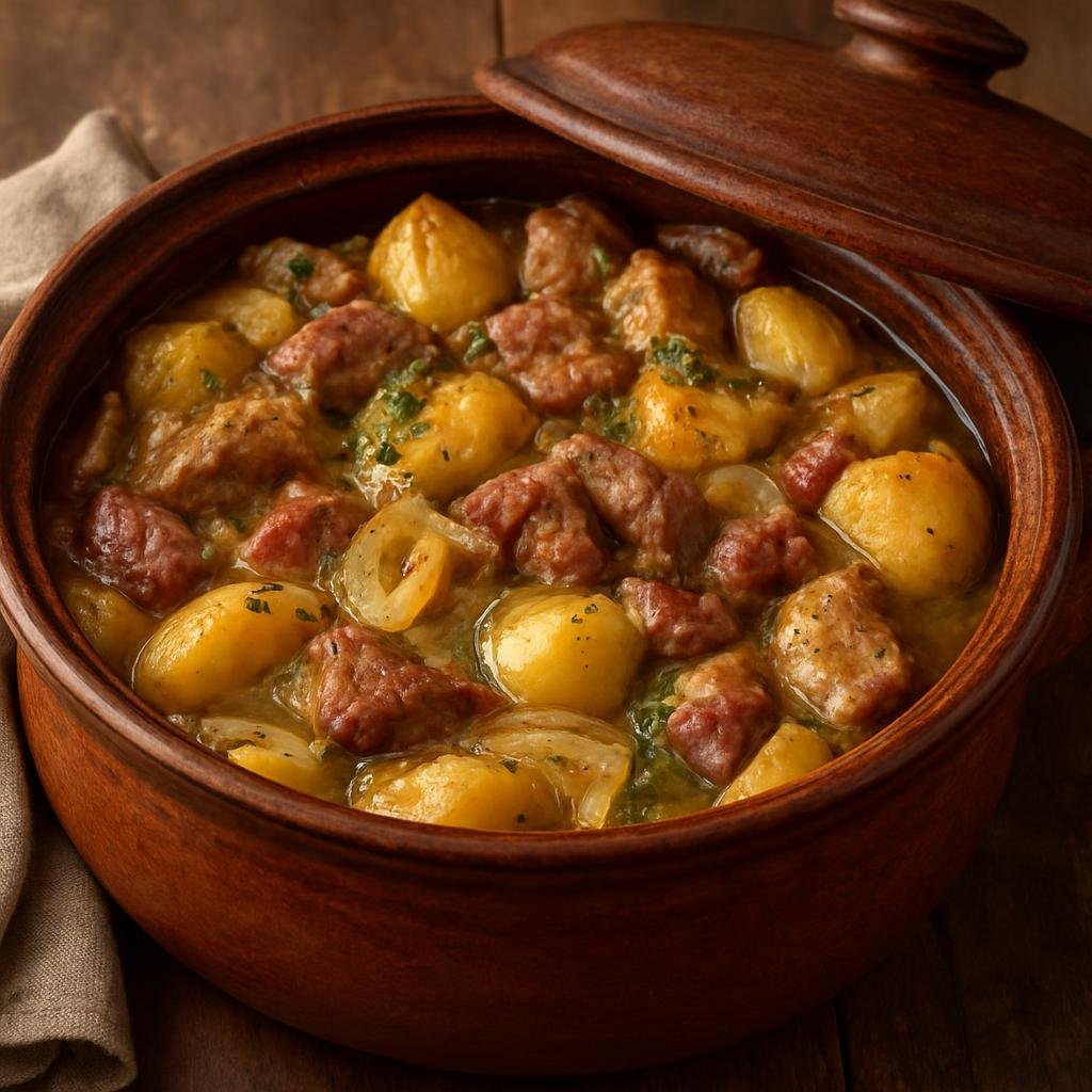 Entree: France – Lorraine – Baeckeoffe (Slow-baked Lorraine casserole of marinated mixed meats, potatoes, and onions cooked in white wine and herbs) recipe