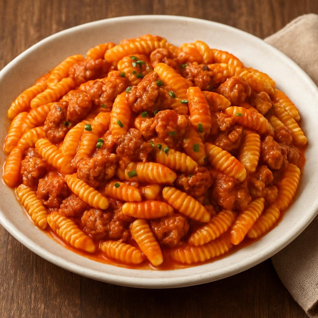 Entree: Italy – Sardinia – Malloreddus alla Campidanese (Sardinian gnocchetti pasta tossed with pork sausage, saffron, and tomato sauce) recipe