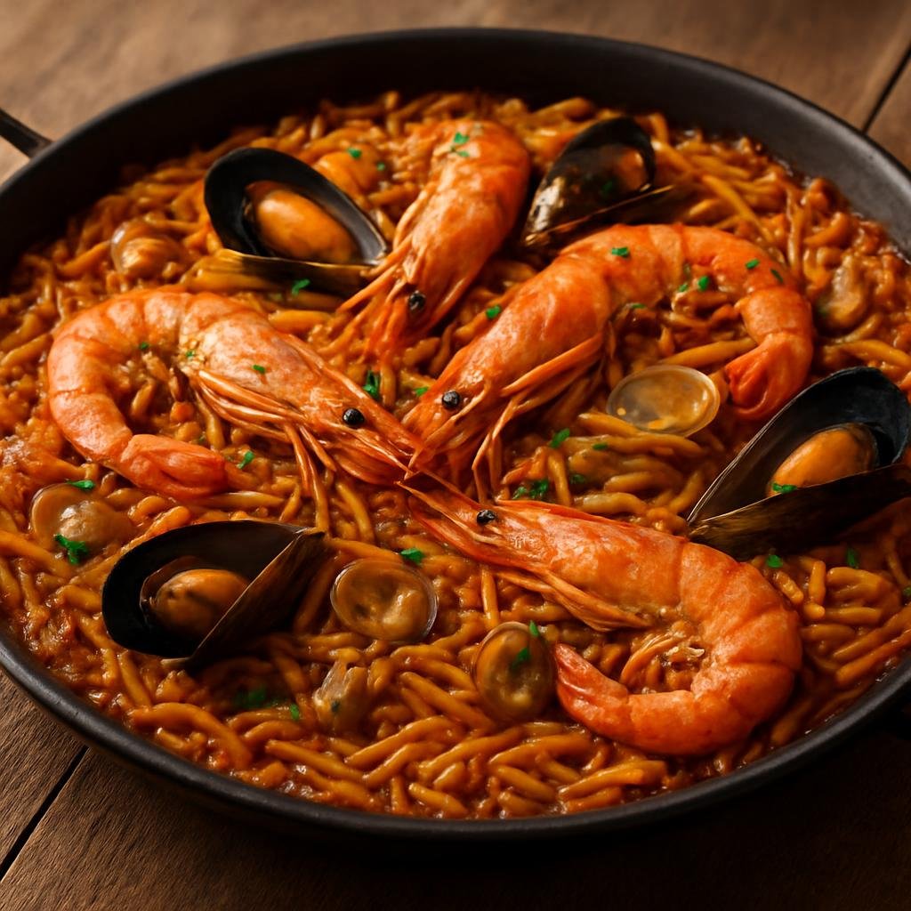 Entree: Spain – Valencia – Fideuà (Paella-style seafood dish built on short toasted noodles cooked in saffron and fish broth) recipe
