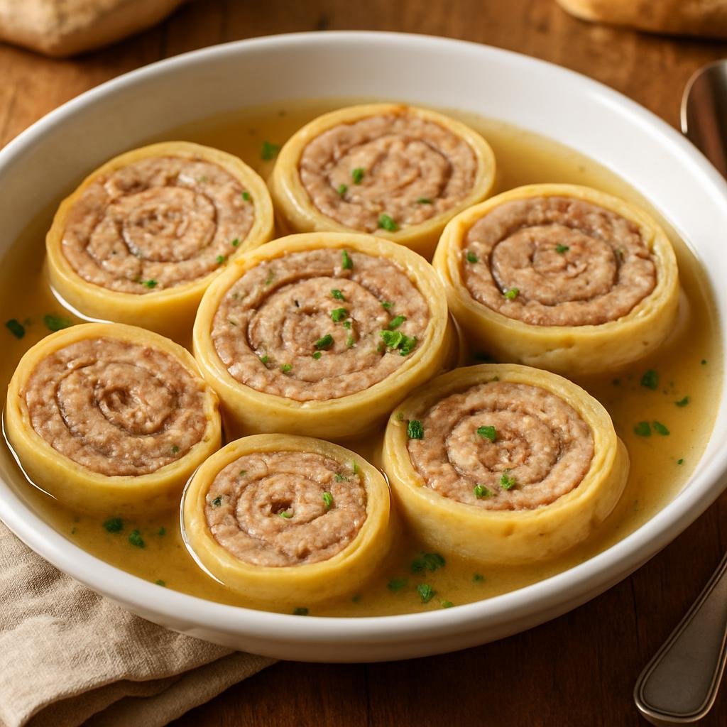 Entree: France – Lorraine – Fleischschnacka (Spiral meat rolls made from a meat filling rolled in fresh pasta, sliced and cooked in broth) recipe