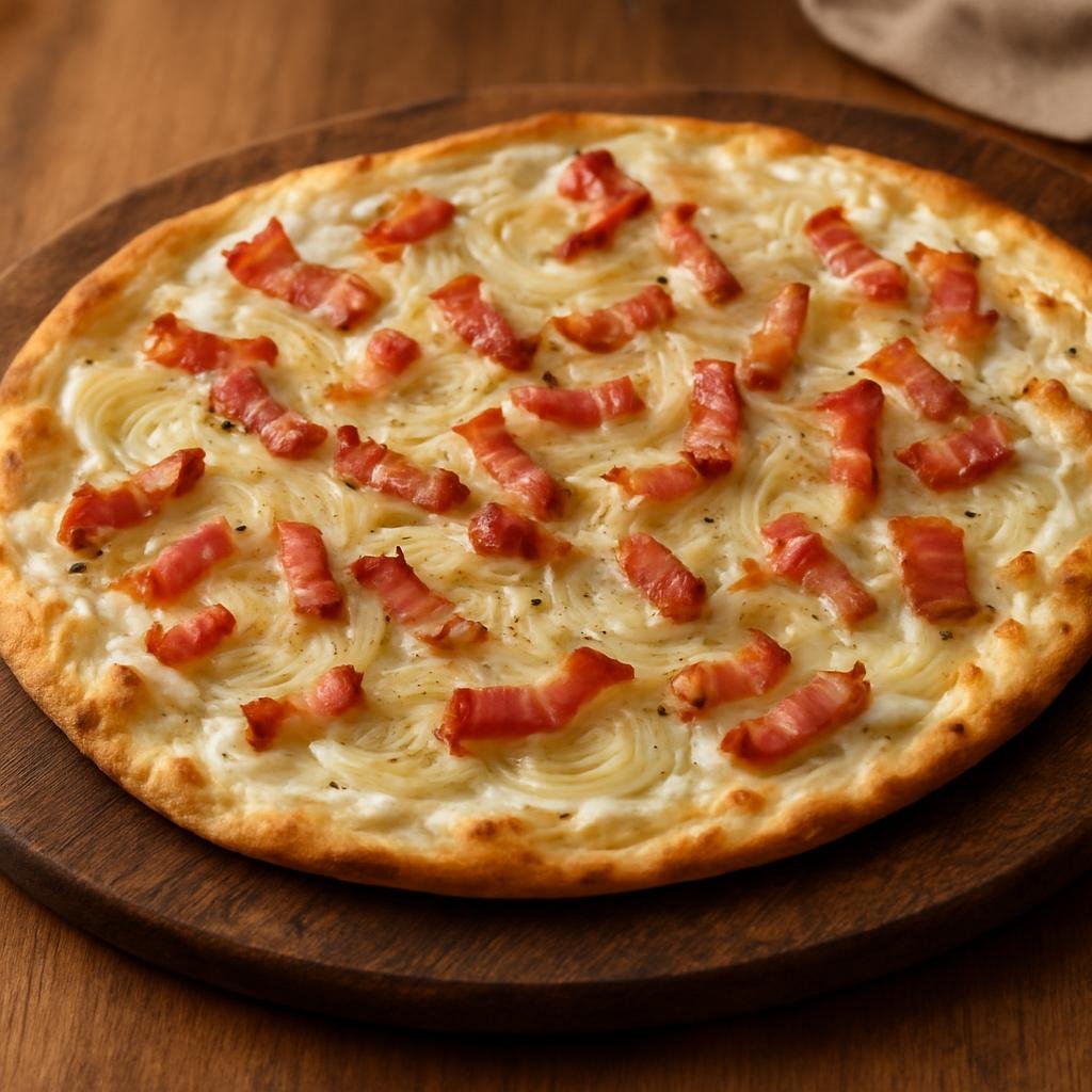 Entree: France – Lorraine – Tarte Flambée (Very thin Lorraine-style flatbread topped with a creamy base, thinly sliced onions, and smoked bacon) recipe