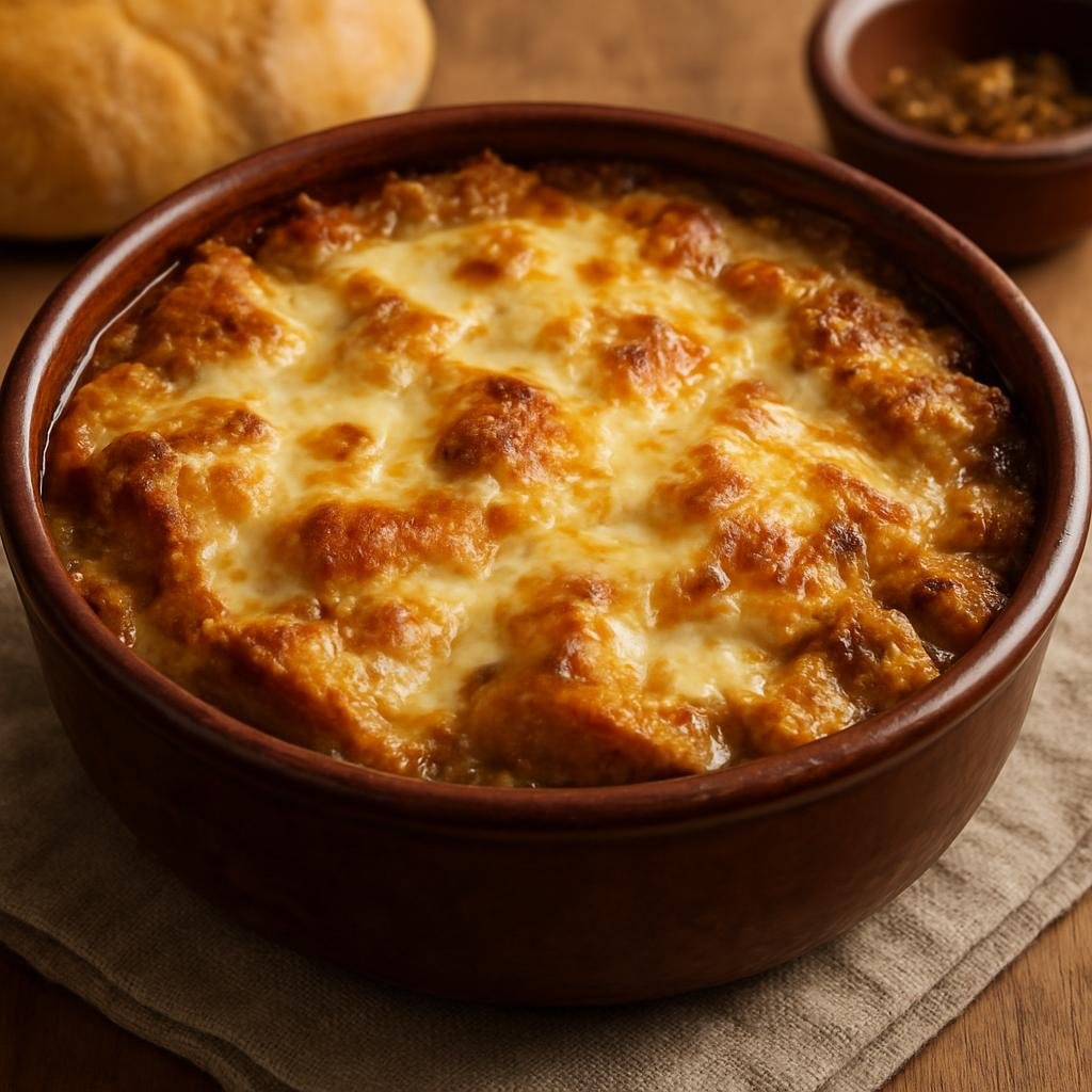 Entree: Italy – Sardinia – Zuppa Gallurese (Layered Sardinian bread casserole baked with meat broth and melted cheeses) recipe