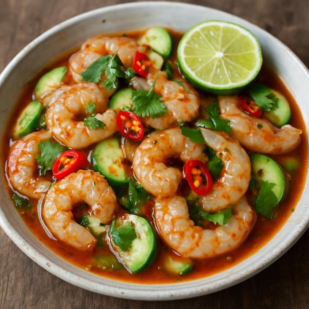 Entree: Mexico – Sinaloa & Pacific Coast – Aguachile (Spicy citrus-marinated raw shrimp dish with chiles, cucumber, and lime from Mexico's Pacific coast) recipe
