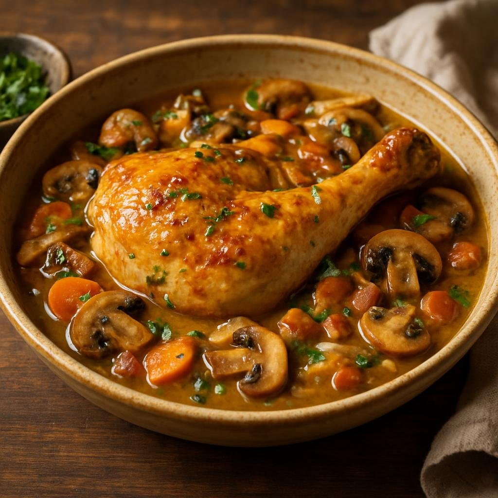 Entree: France – Lorraine – Coq au Riesling (Chicken braised in Riesling wine with bacon, mushrooms, and aromatic vegetables) recipe