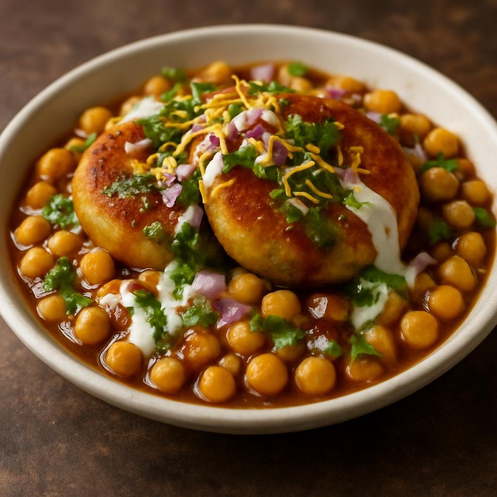 Entree: India – Indian Street Food Classics – आलू टिक्की चाट ➤ Ālū ṭikkī chāṭ (Crispy spiced potato patties served with chickpeas, yogurt, chutneys, and crunchy garnishes) recipe